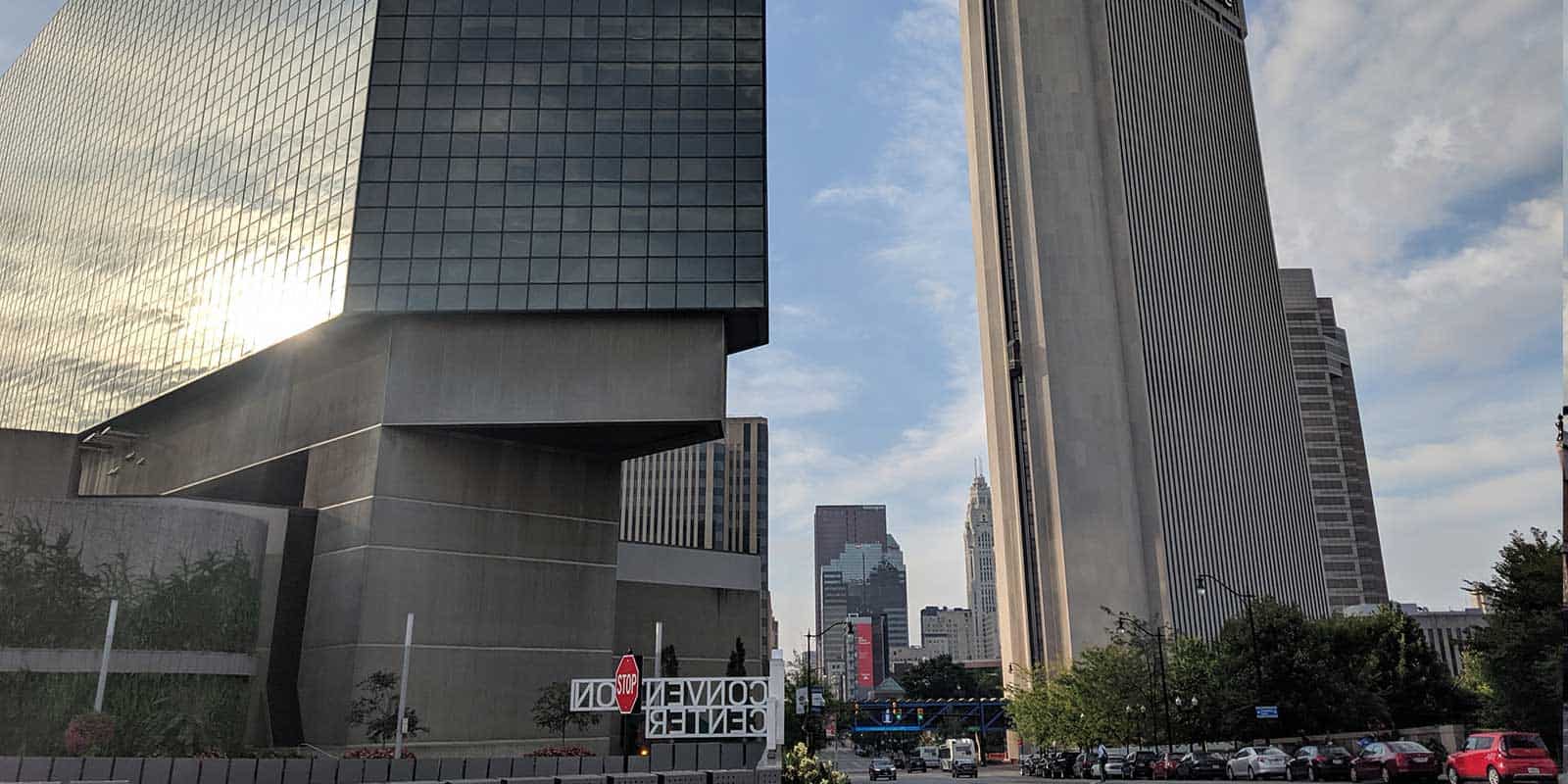 Downtown Columbus buildings seen from the Arena District