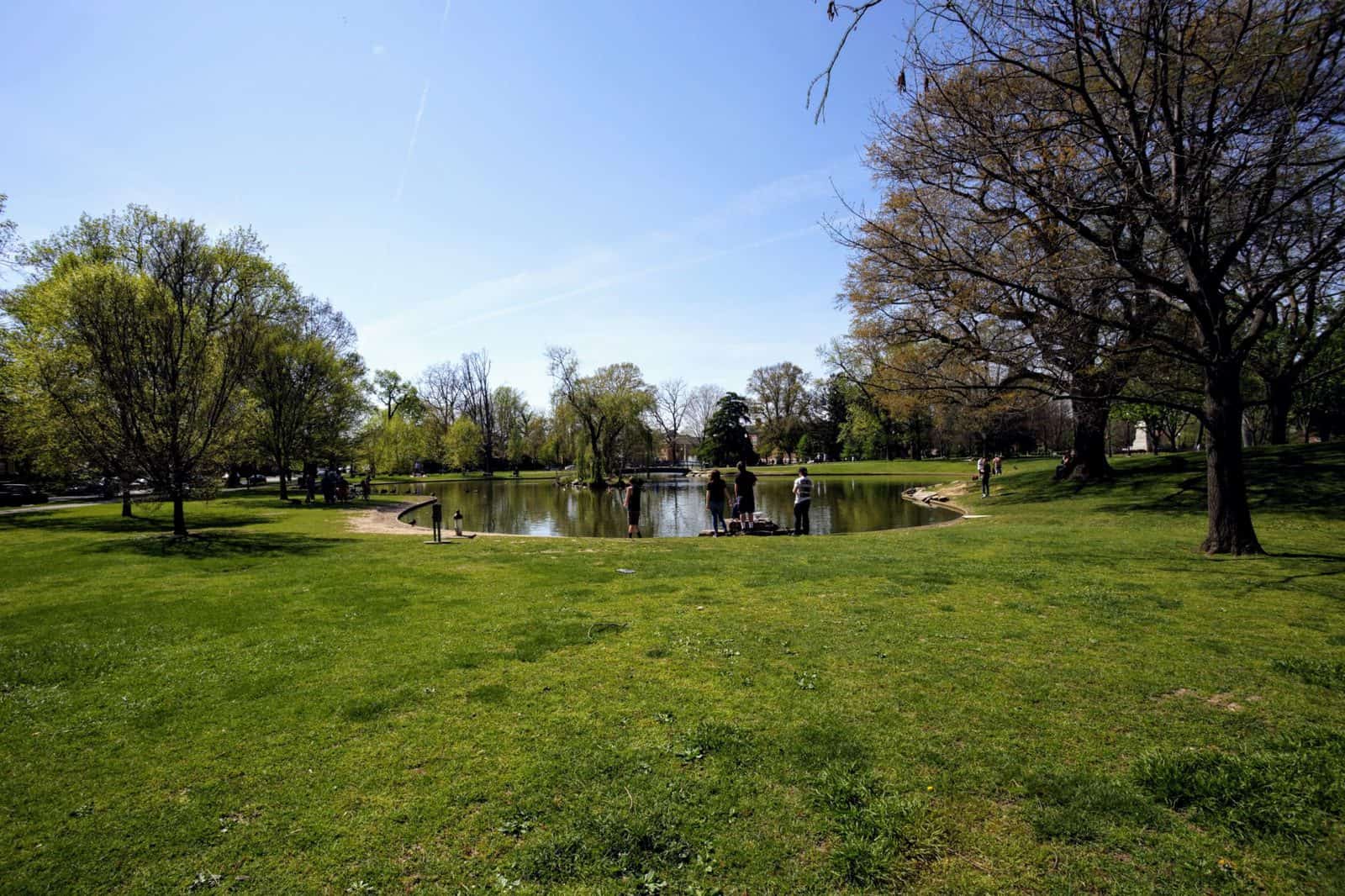 Green lawn and mature shade trees in Schiller Park, German Village